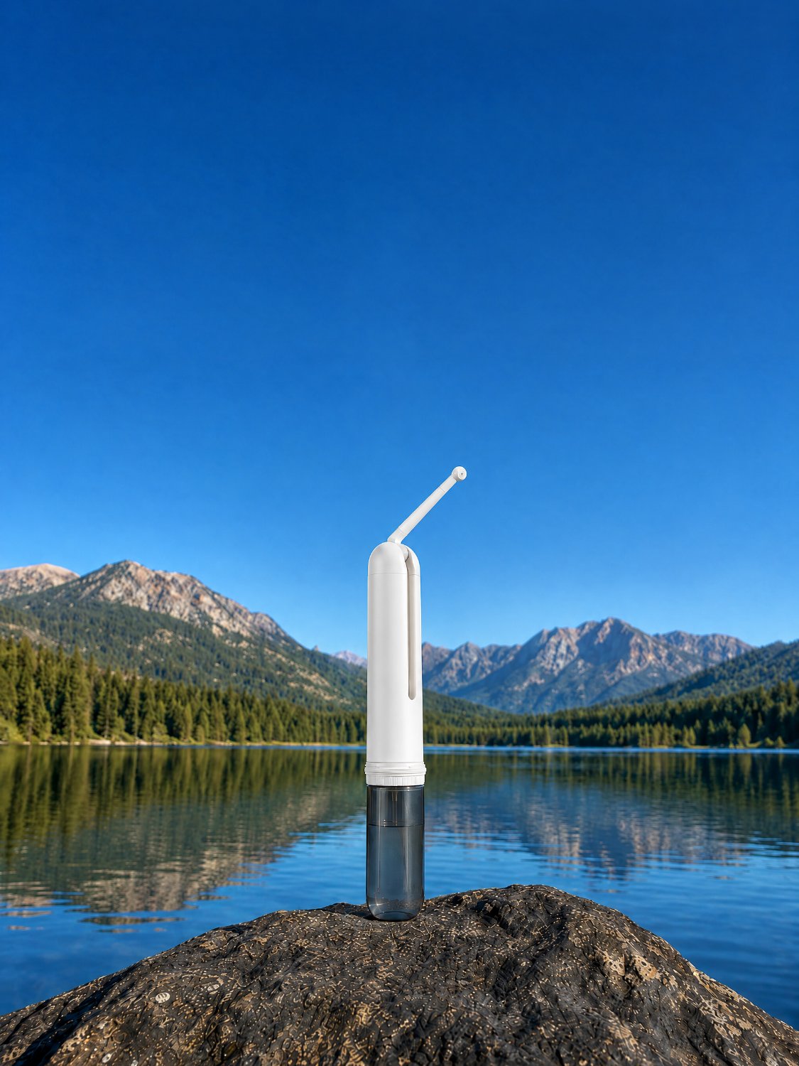 Portable bidet on a rock by a mountain lake
