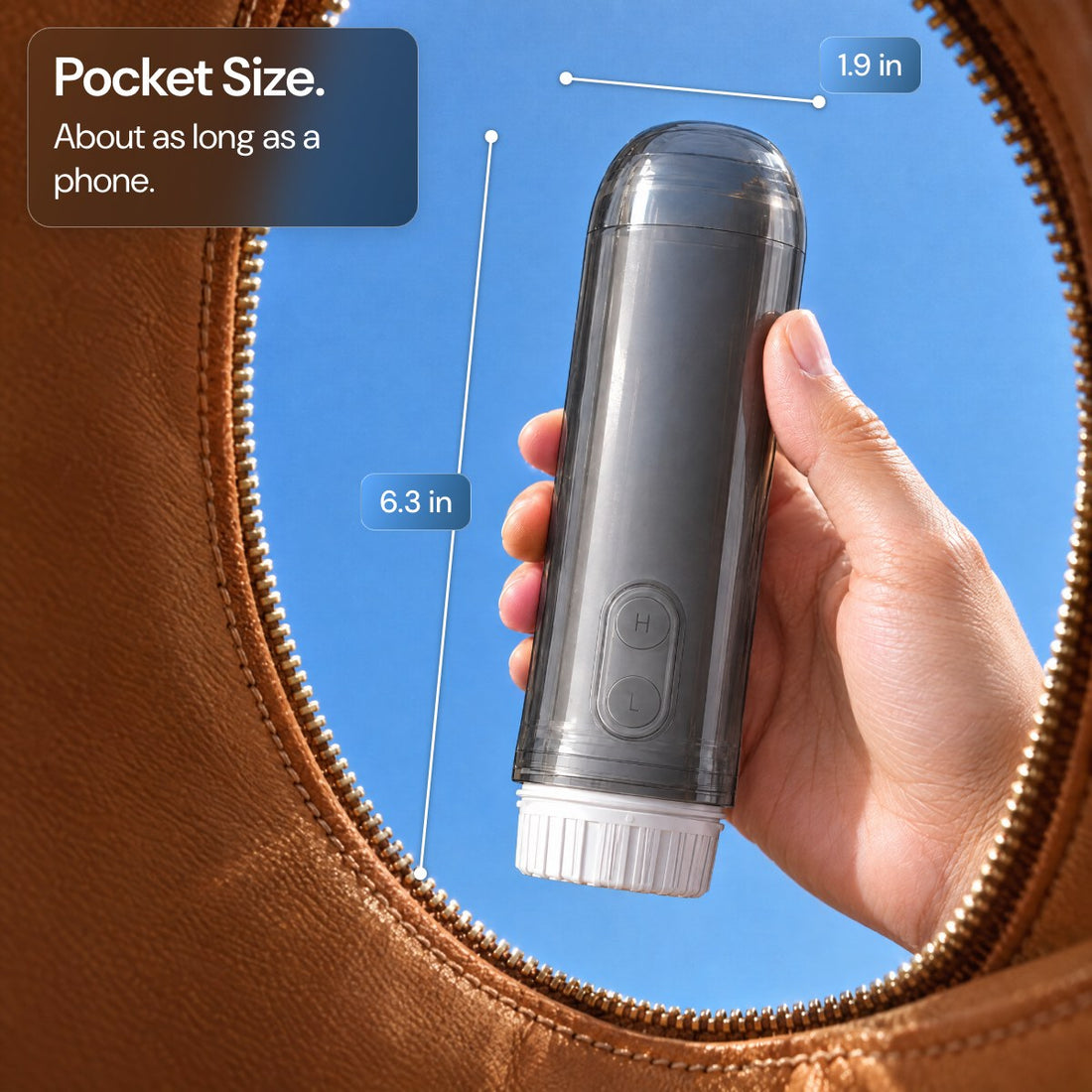 Hand holding the closed bidet in a bag, 6.3 x 1.9 inches