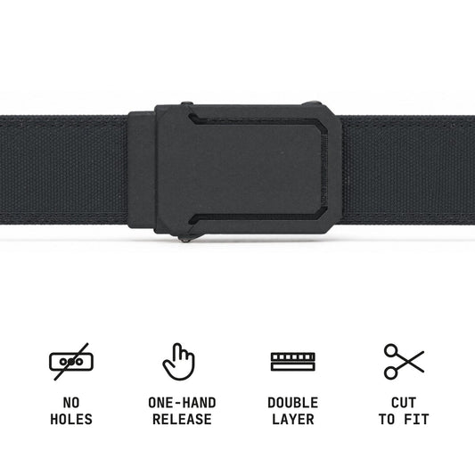 Ironsworth ratchet belt: no holes, one-hand release, double layer, cut to fit