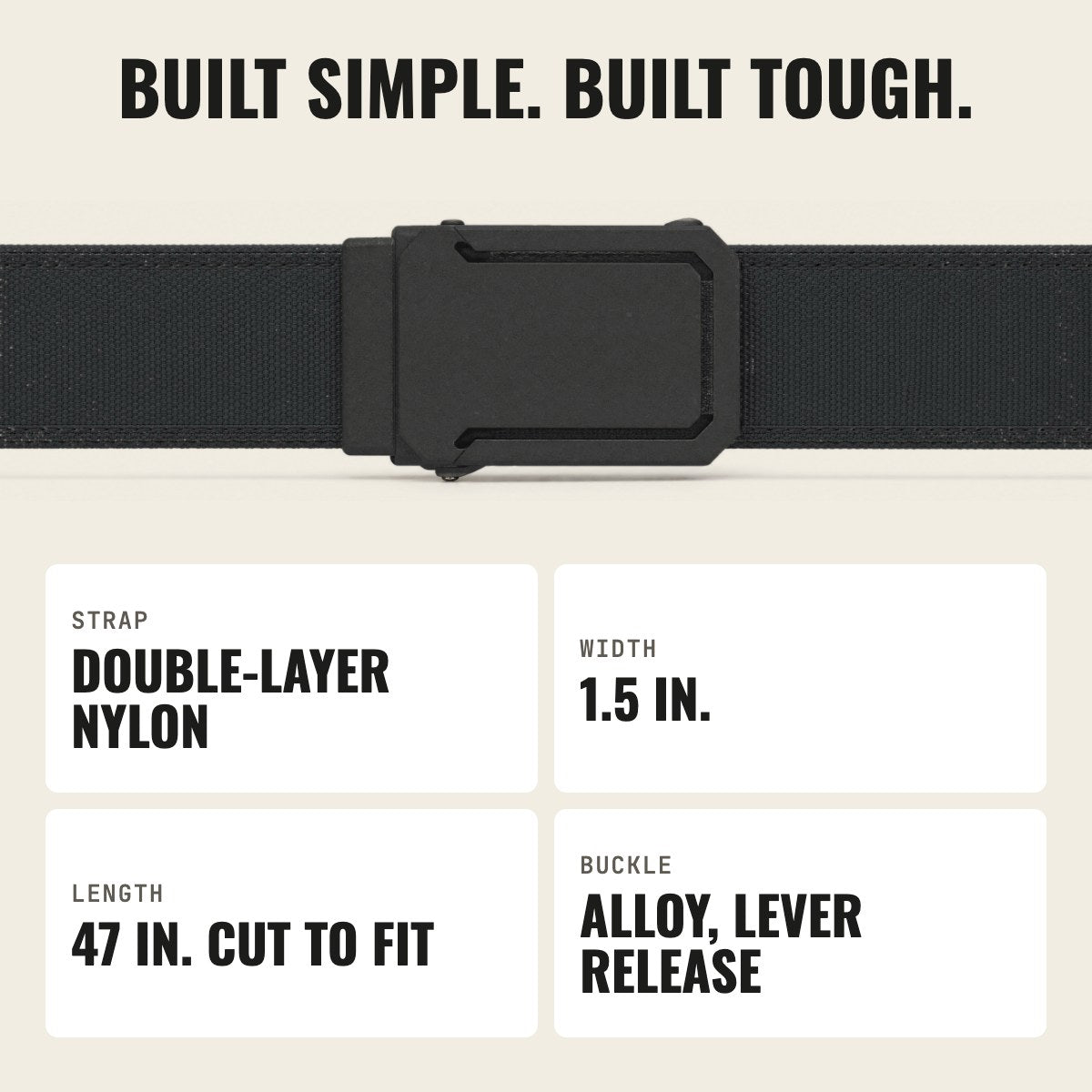Double-layer nylon, 1.5 in. wide, 47 in. cut to fit, alloy lever buckle