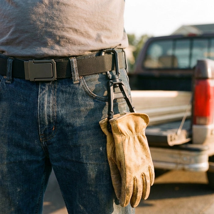 Black glove clip on a work belt holding leather gloves