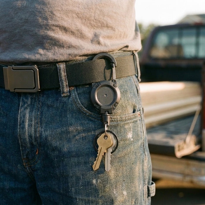 Black heavy-duty key reel clipped onto a work belt with keys
