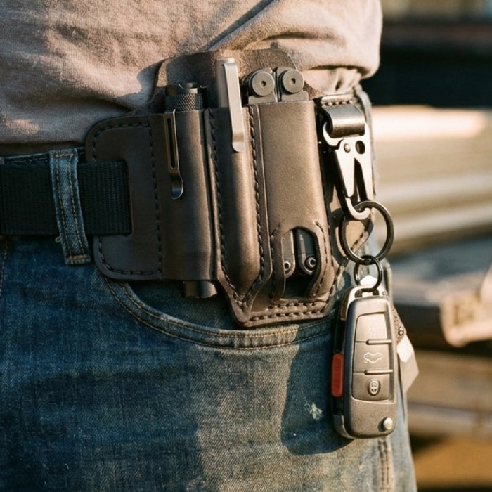 Leather tool sheath on a work belt with multitool, pen and flashlight