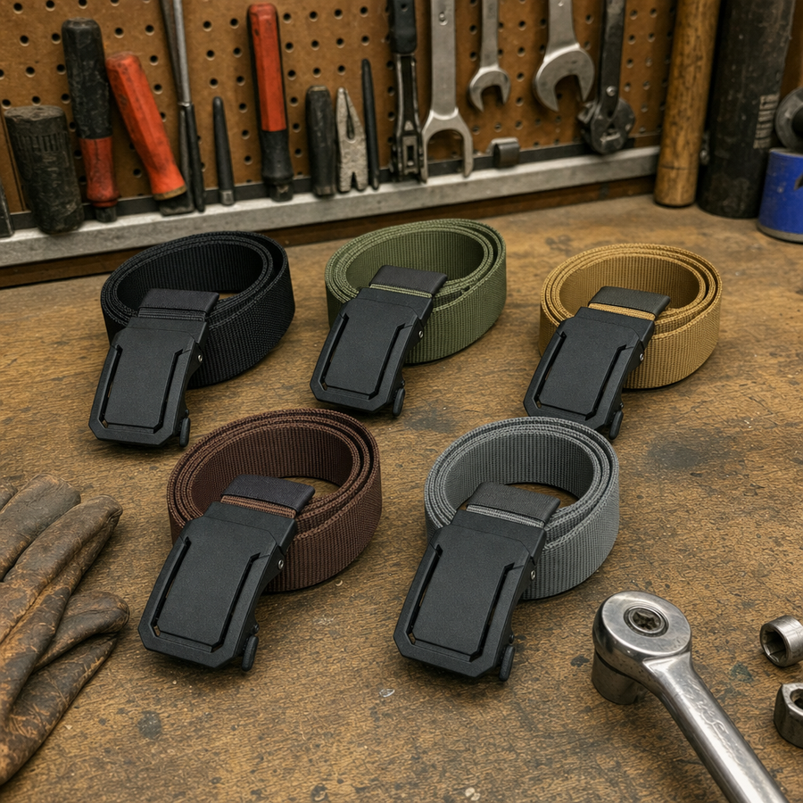 Five Ironsworth ratchet belts on a garage workbench