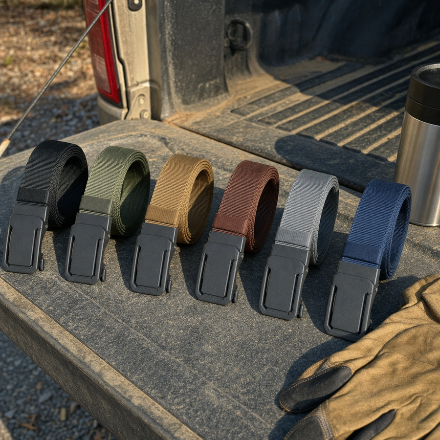 Six Ironsworth ratchet belts in six colors on a truck tailgate
