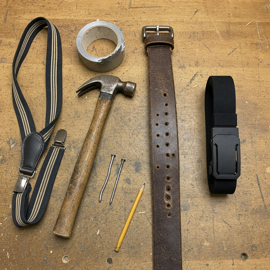Suspenders, duct tape, hammer and a drilled leather belt next to the Ironsworth belt