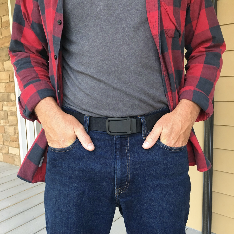 Black Ironsworth ratchet belt worn with jeans and a flannel shirt