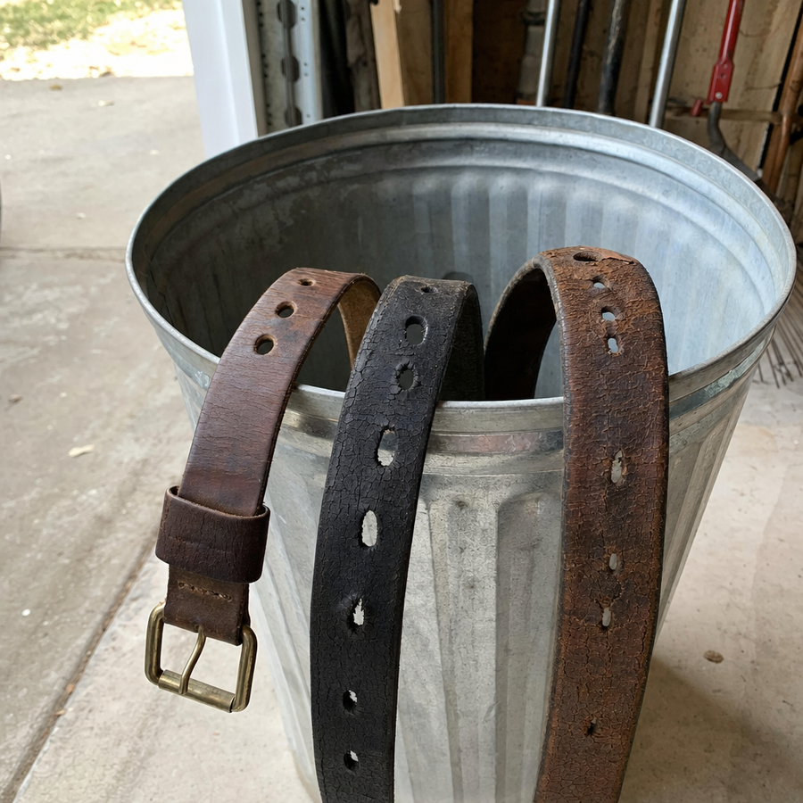 Old leather belts with stretched holes in a trash can