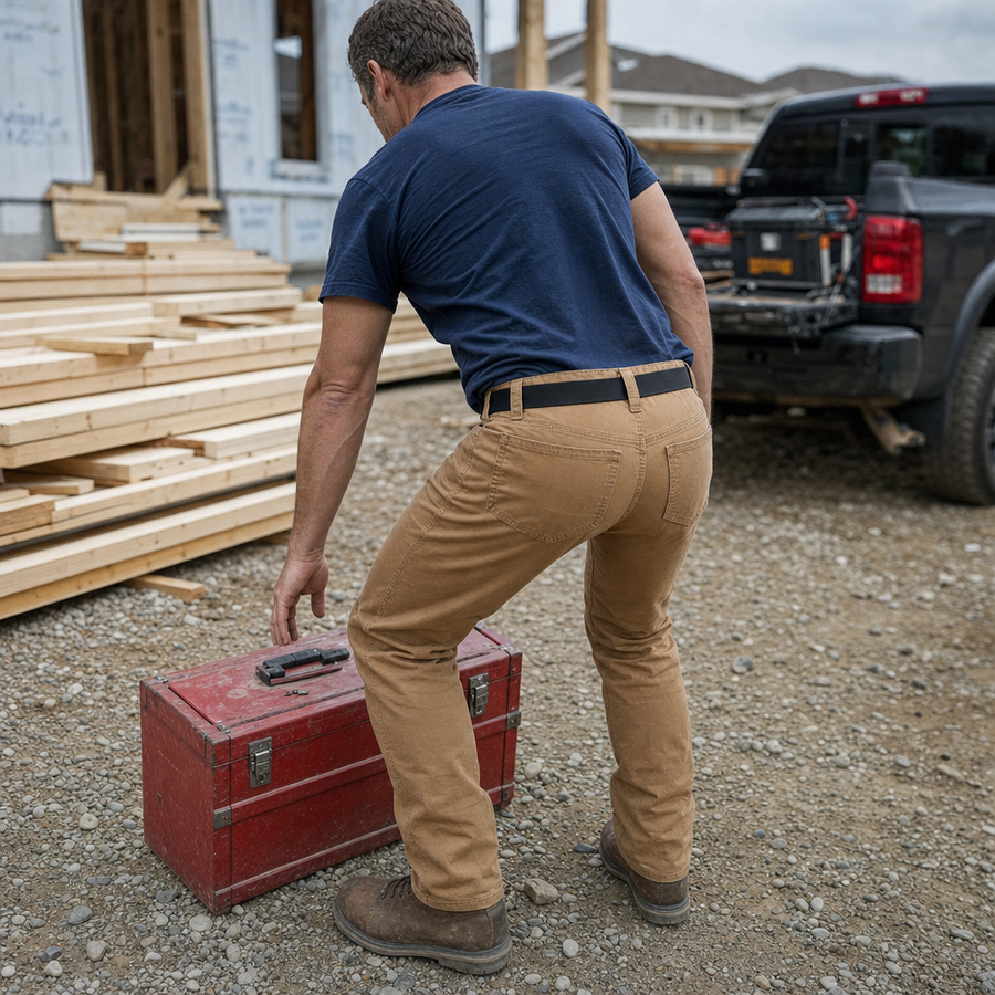 Tradesman squatting to lift a toolbox, pants staying up