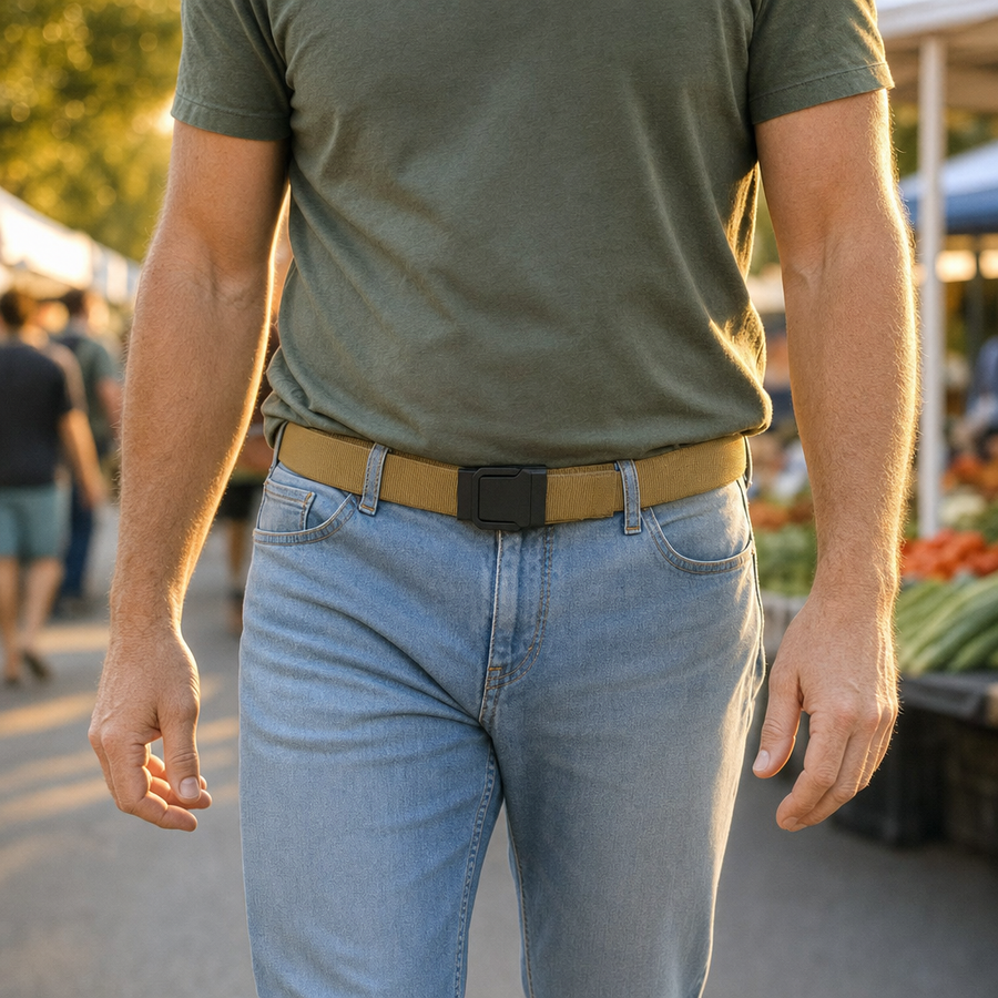 Khaki Ironsworth ratchet belt worn with jeans on the weekend