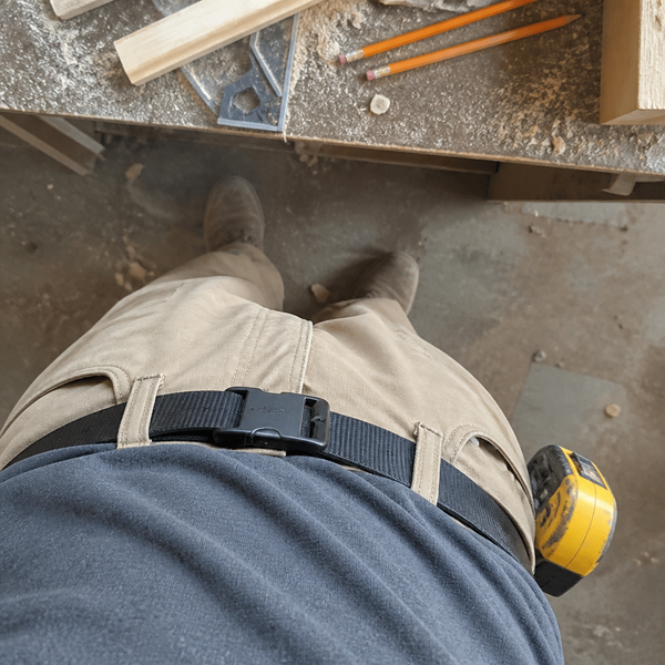 Customer review photo of belt on work pants in workshop